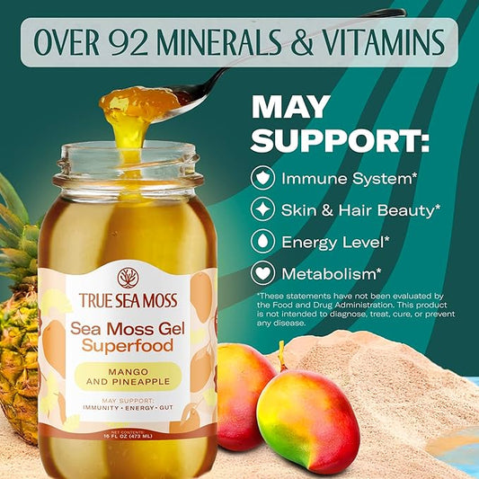 TrueSeaMoss Sea Moss Gel – Made in USA – Wildcrafted Seamoss, Fresh Fruits & Sea Vegetables – Mango/Pineapple, Pack of 1 (Labels may Vary)