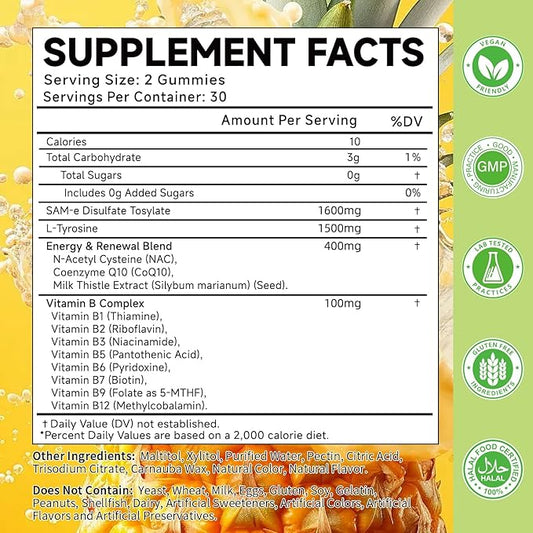 SAM-e L-Tyrosine Gummies with NAC, CoQ10 & Vitamin B Complex, 1600mg SAM e, 1500mg L Tyrosine Supplement for Energy, Cellular Antiox Protection, Neurotransmitter Support, Enhance Emotional Well-being