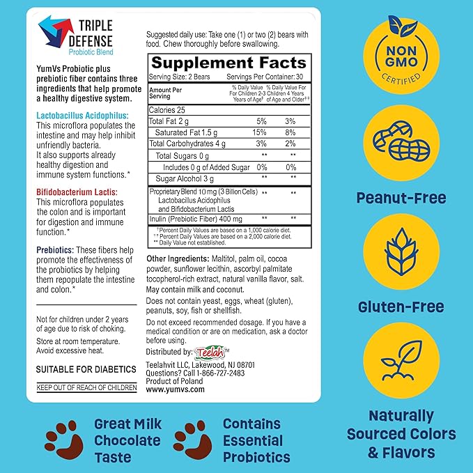 YumVs Probiotics for Kids with Prebiotic Fiber Sugar Free Chocolate Chewable Supplements - Dietary Supplement Chewables for Digestive Health - Toddlers, Kids & Teens 60 Count