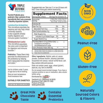YumVs Probiotics for Kids with Prebiotic Fiber Sugar Free Chocolate Chewable Supplements - Dietary Supplement Chewables for Digestive Health - Toddlers, Kids & Teens 60 Count