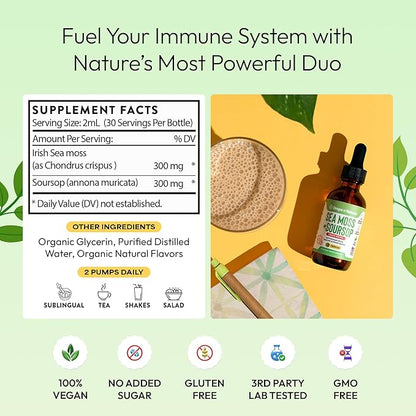 Soursop with Sea Moss Liquid Supplement – More Concentrated Than Sea Moss Gel – Easily Mix with Drinks – Soursop Bitters Liquid Drops for Hydration and Immune Support (Lemon Lime, 60mL)