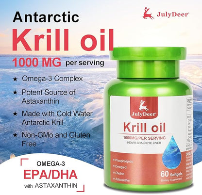 2 Bottles Antarctic Krill Oil 1000 mg with Omega-3s EPA, DHA, Astaxanthin and Phospholipids 60 Softgels Supplement No Fishy Aftertaste for Joint, Heart, Brain and Immunity - 120 Softgels