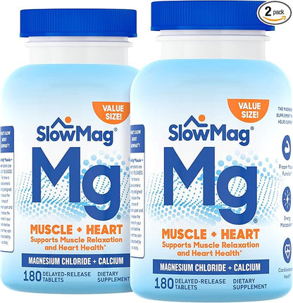 SlowMag Muscle & Heart Magnesium Chloride Supplement with Calcium, 180 Count, Supports Muscle Relaxation, Heart, Nerve & Bone Health, High Absorption (Pack of 2)