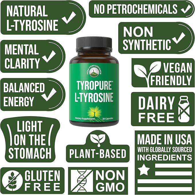 TyroPure L Tyrosine Supplement. More Bioavailable, Cleaner Version of L-Tyrosine. Vegan, Naturally Fermented 500mg Capsules for Mental Clarity, Dopamine. Mood Support for Women and Men