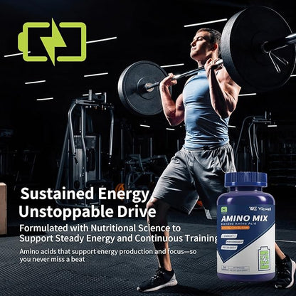 Amino Acid, Supports Muscle Recovery and Lean Muscle Growth, Enhances Energy and Endurance, Contains Essential Amino Acids and BCAAs, 180 Capsules (2 Bottles)