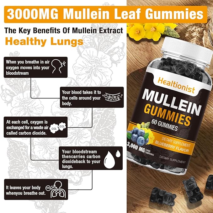 1 Pack Sugar Free Mullein Gummies - Lung Cleanse, 3000MG Mullein Supplement for Respiratory, Organic Mullein Drops Gummy with Quercetin & Bromelain for Lung, Digestive Health & Immune 90Ct