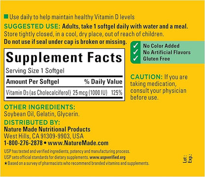 Nature Made Vitamin D3 1000 IU (25 mcg), Vitamin D Supplement for Bone, Teeth, Muscle and Immune Health Support, 180 Softgels, 180 Day Supply