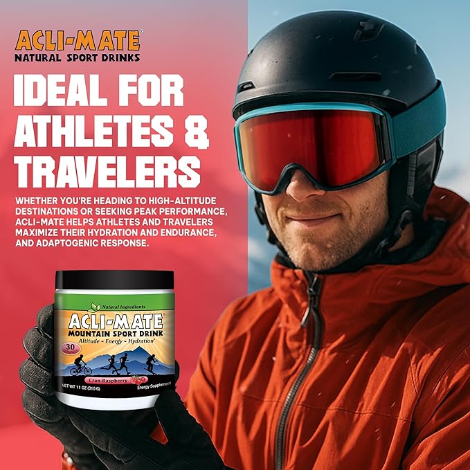 Acli-Mate Mountain Sport Drink Mix - Energy Powder Supplement - High Altitude Acclimatization Hydration - Recovery Drink for Running, Cycling, Hiking, Workout, Travel & More - 1 Tub (CranRaspeberry)