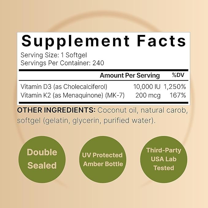NatureBell Vitamin D3 10,000 IU + K2 200 mcg, 240 Softgels | Daily High Potency Formula with Coconut Oil | Bone, Heart & Immune Support | MK-7 Form | Non-GMO