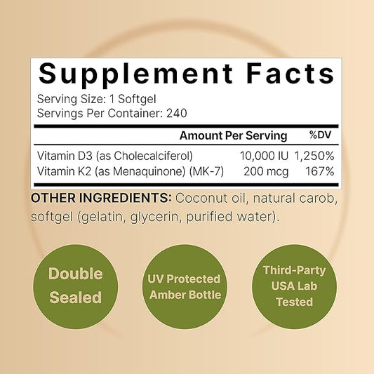 NatureBell Vitamin D3 10,000 IU + K2 200 mcg, 240 Softgels | Daily High Potency Formula with Coconut Oil | Bone, Heart & Immune Support | MK-7 Form | Non-GMO