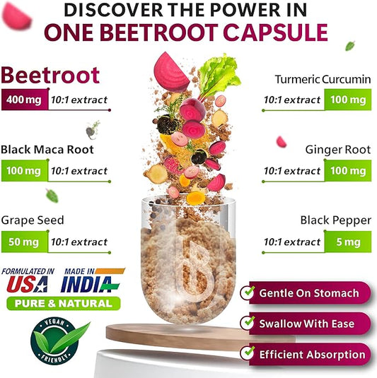6in1 Beetroot Supplement with Maca Root, Grape Seed, Ginger, Turmeric and Black Pepper for Heart Health & Immune Support - 100 Vegan Capsules