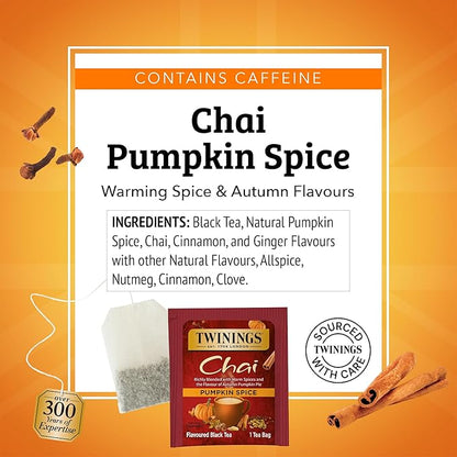 Twinings Pumpkin Spice Chai Black Tea Individually Wrapped Bags | 20 Count (Pack of 6), Warm, Spicy & Aromatic, Caffeinated