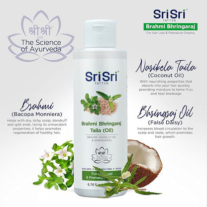 SRI SRI TATTVA Brahmi Bhringraj Hair Oil – Herbal Indian Coconut Scalp Treatment for Smooth, Healthy Hair Care – Ayurvedic Conditioning Mask with Natural Ingredients (6.76 fl oz)