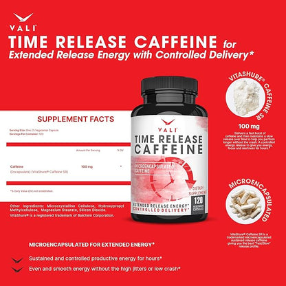 VALI Time Release Caffeine 100mg Capsules- Smart Slow Release for Extended Energy & Focus. Advanced Nootropic Supplement. Brain Booster Active Performance, Alertness & Clarity. 120 Veggie Capsules