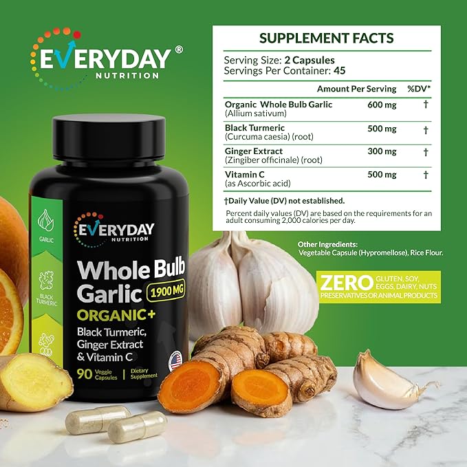 4-in-1 Organic Odorless Garlic with Black Turmeric Supplements, 1900 mg Organic Whole Bulb Garlic, Turmeric, Ginger Extract & Vitamin C (90 ct)