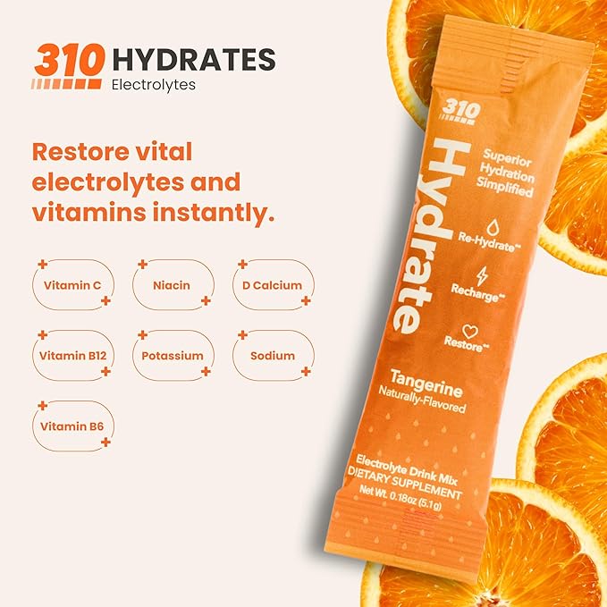 310 Nutrition Hydrate Electrolyte Powder Packets – Chris Eubank Jr. Edition – Electrolytes & B Vitamins – Keto Friendly Drink Mix – On-The-Go Hydration – 30 Single Serve Packets, Tangerine Flavor