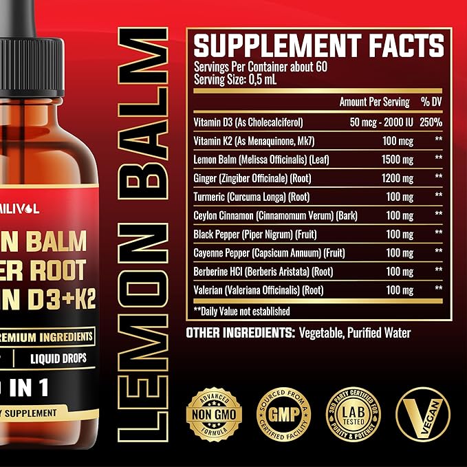 10in1 Lemon Balm Tincture - 3300mg Lemon Balm Leaf Extract Liquid Drops with Ginger Root, Turmeric Liquid, Ceylon Cinnamon, Vitamin D3, K2-1Fl Oz - 60 Servings