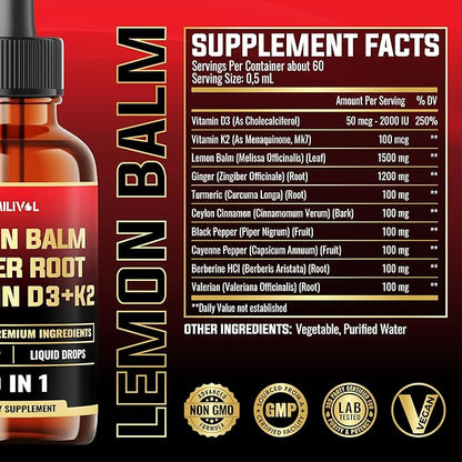 10in1 Lemon Balm Tincture - 3300mg Lemon Balm Leaf Extract Liquid Drops with Ginger Root, Turmeric Liquid, Ceylon Cinnamon, Vitamin D3, K2-1Fl Oz - 60 Servings