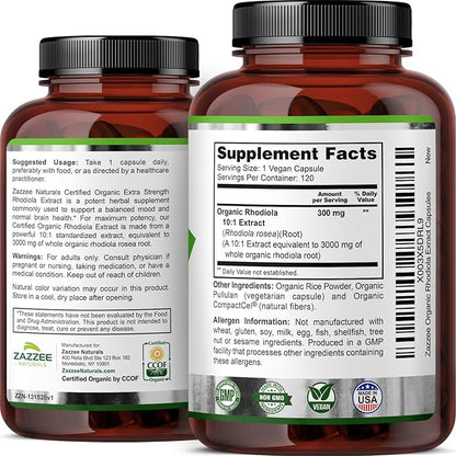 Zazzee USDA Organic Rhodiola 10:1 Exract, 3000 mg Strength, 120 Capsules, 4 Month Supply, Standardized and Concentrated 10X Extract, 100% Vegetarian, Extra Strength, All-Natural and Non-GMO
