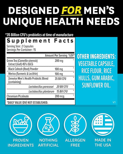 Zenwise Health Probiotics for Men - 35 Billion CFUs Daily Probiotic for Men's Digestive Health - Green Tea Extract, Meriva, and Chromium Picolinate for Microbiome Balance + Antioxidant Support - 30 CT