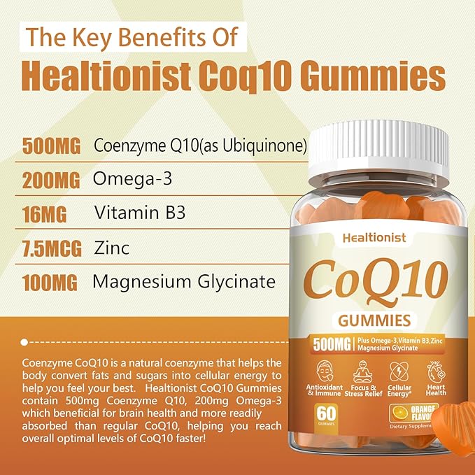 2 Pack 500MG Coq10 Gummies - 3X Better Absorption, Plus Omega-3, Magnesium, Vitamin B3 & Zinc - Coenzyme Q10 Supplements for Heart Health, Cellular Energy & Antioxidant, Vegan, 120 Counts