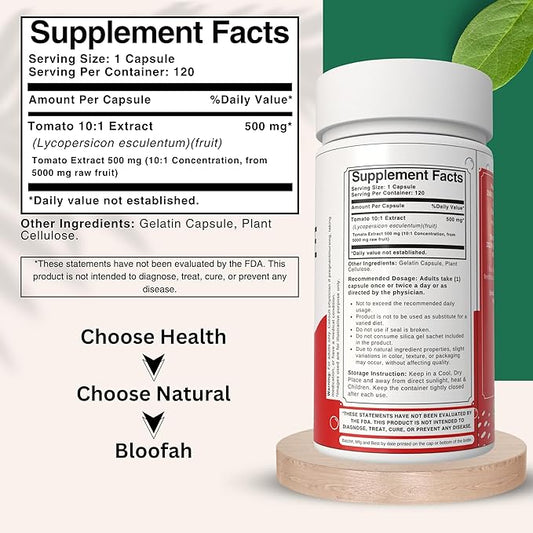 500mg Lycopene Supplement Tomato Extract 10:1 Capsules - 120 Count | 100% Pure, Non-GMO & Gluten Free Formula | Natural Carotenoid Supplement for Health and Wellness Support