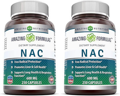 Amazing Formulas NAC 600 Mg | N-Acetyl Cysteine Supplement | Capsules | Non-GMO | Gluten Free | Made in USA (2 Pack, 250 Count)