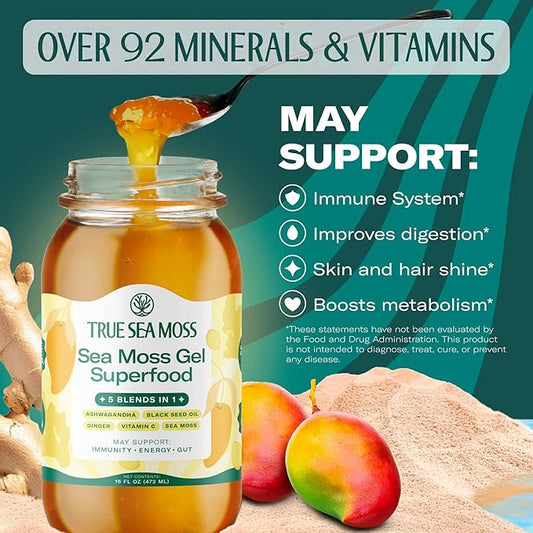 TrueSeaMoss Sea Moss Gel – Made in USA – 5-in-1 Formula – Wildcrafted Seamoss, Ashwagandha & Sea Vegetables – Ashwagandha, Pack of 2 (Labels may Vary)