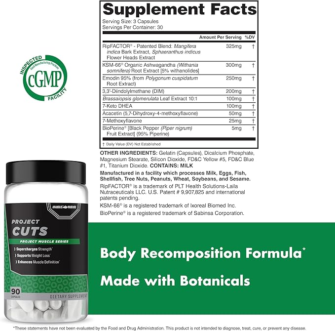 Anabolic Warfare Project Cuts, Body Recomposition, Muscle Definition, Stimulant-Free, Made with Botanicals* (90 Capsules)