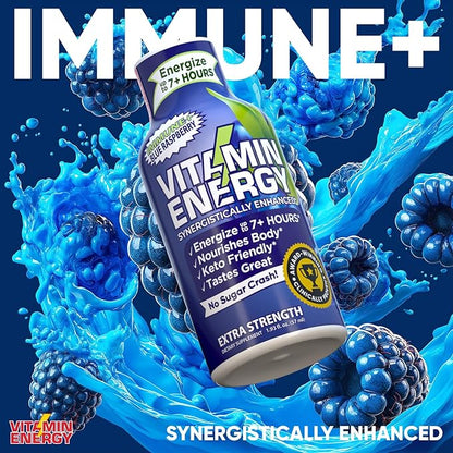 Vitamin Energy Immune+ Extra Strength Energy Shot Blue Raspberry 12 Pack, 260mg Natural Caffeine, B-Vitamins, Citicoline, Green Tea, Immunity & Focus Support, Zero Sugar, Gluten-Free 1.93 fl oz
