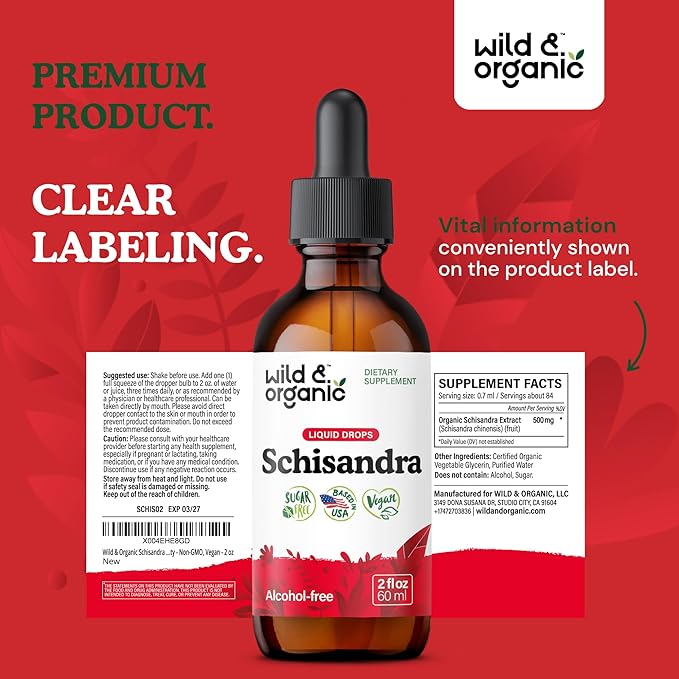 Wild & Organic Schisandra Berry Extract Drops 500 mg - Relaxing Schisandra Supplement - Liquid Chinensis Tincture - Vegan, Sugar & Alcohol-Free - 2 fl oz
