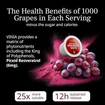 VINIA English Breakfast Black Tea K-Cup Pods, Made with Organic Tea, Infused with Piceid Resveratrol for Heart Health, Nitric Oxide, Physical Energy, Blood Flow, Keto, Kosher, NON-GMO. 30 Ct