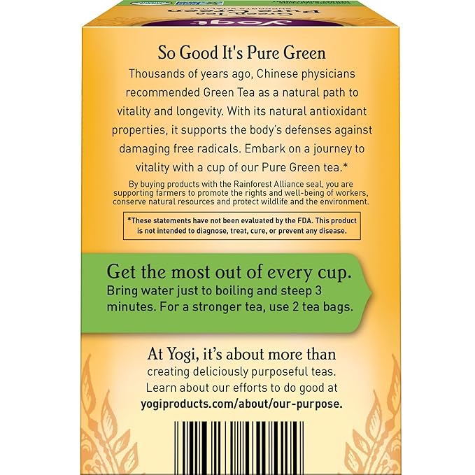 Yogi Tea Pure Green Tea - 16 Bags per Pack (4 Packs) - Organic - Supports Overall Health & Provides Antioxidants