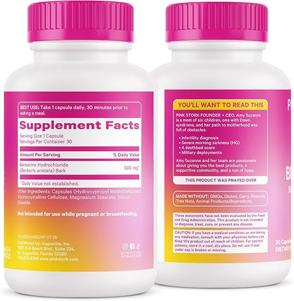 Pink Stork Berberine 500mg - Nature's GLP-1 Supplement - Daily AMPK Metabolic Activator - 500-1000 mg Metabolism + Gut Health for Women | Third-Party Tested | Vegan | Non-GMO| 30 Capsules