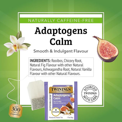 Twinings Superblends Adaptogens Calm with Ashwagandha Fig & Vanilla Flavoured Herbal Tea Caffeine-Free, 18 Tea Bags (Pack of 1), Enjoy Hot or Iced
