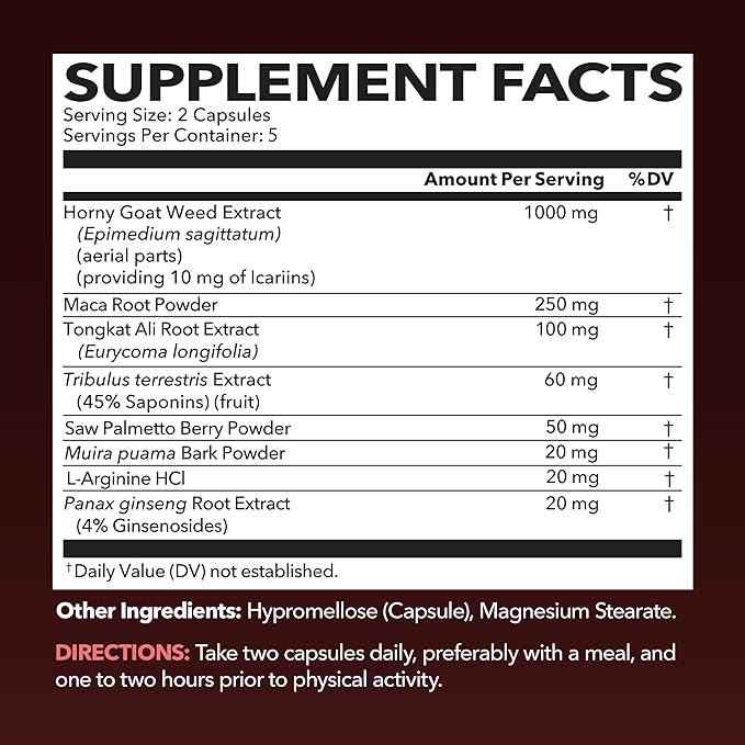 Unisex Horny Goat Weed Capsules for Men & Women - Extra Strength Performance & Energy Support with Tongkat Ali, Muira Puama, and Saw Palmetto - 10 Count - Herbal Supplement for Increased Endurance
