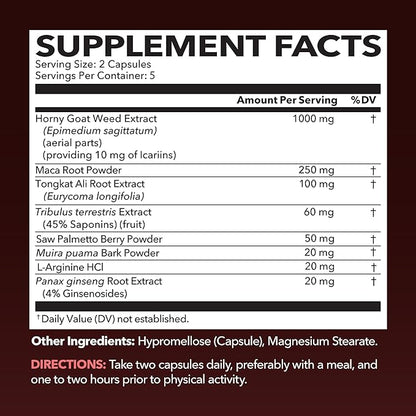 Unisex Horny Goat Weed Capsules for Men & Women - Extra Strength Performance & Energy Support with Tongkat Ali, Muira Puama, and Saw Palmetto - 10 Count - Herbal Supplement for Increased Endurance