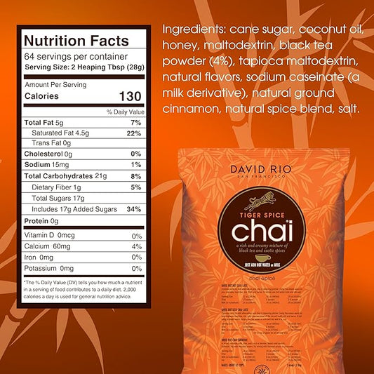 Tiger Spice Chai Tea Latte Mix, 64 Oz, Black Tea, Organic Spices, Dairy Free, Serve Hot or Cold, Just Add Water or Milk, 64 Servings, Perfect for Food Service