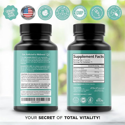 Organic Irish Sea Moss with Bladderwrack, Burdock Root & Black Pepper Extract, 150 Capsules, Thyroid Support, Natural Iodine Source, Promotes Immune System, Cell Food, Alkaline Supplement