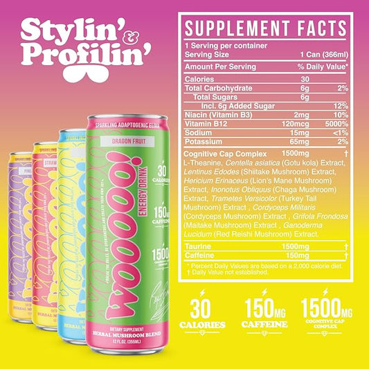 Wooooo! Energy Ric Flair Sparkling Adaptogenic Mushroom Energy Drink | Natural Antioxidants & Nootropics | Lion’s Mane & Cordyceps | 150mg Caffeine | 12 Pack (Variety Pack)