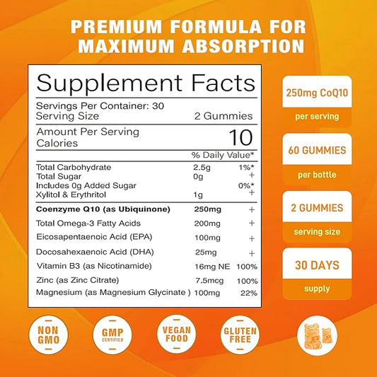 2 Pack CoQ10 Gummies, Plus Omega-3, Vitamin B3 and Zinc, Magnesium, 5X High Absorption Coenzyme Q10 Supplements, q10 for Boost Cellular Energy, Potent Antioxidant & Brain, Peach Flavor, 120 Cts