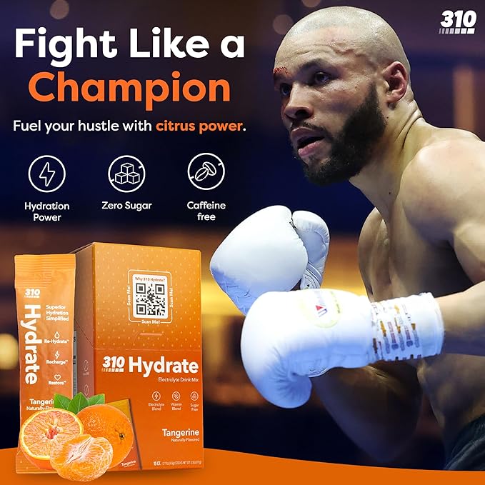 310 Nutrition Hydrate Electrolyte Powder Packets – Chris Eubank Jr. Edition – Electrolytes & B Vitamins – Keto Friendly Drink Mix – On-The-Go Hydration – 30 Single Serve Packets, Tangerine Flavor