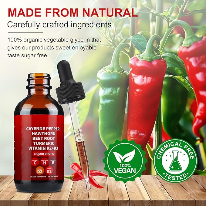2PCS Cayenne Pepper Drops, AeluroCayenne Pepper Liquid Drops - Natural Cayenne Pepper Extract with Hawthorn Berry, Beetroot, Turmeric and Vitamin D3 K2-60ml