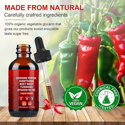 2PCS Cayenne Pepper Drops, AeluroCayenne Pepper Liquid Drops - Natural Cayenne Pepper Extract with Hawthorn Berry, Beetroot, Turmeric and Vitamin D3 K2-60ml