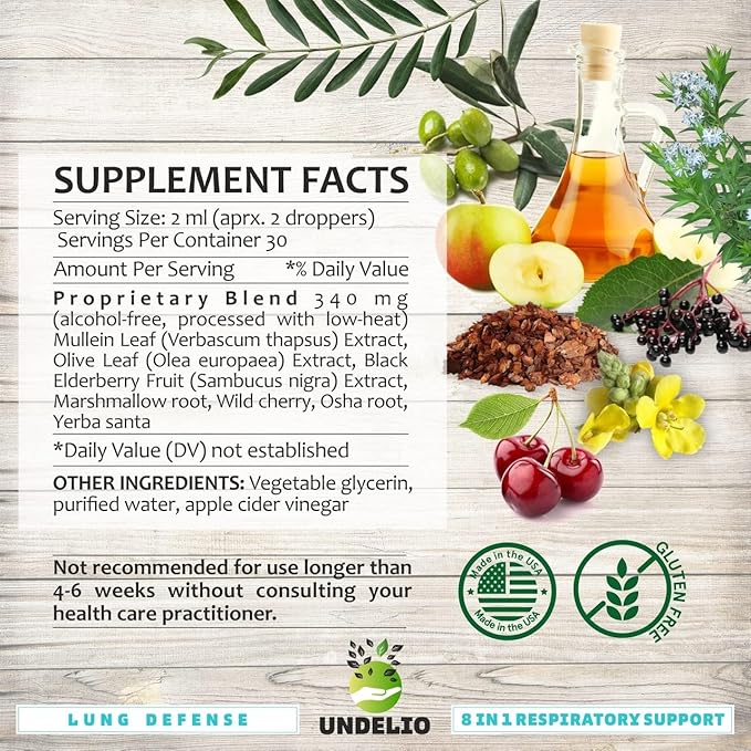 8 in 1 Lung Defense Herbal Extract, Blend (Mullein-Marshmallow-OSHA-Wild Cherry-Elderberry-Yerba Santa-Olive Leaf-ACV) Lung Cleanse, Respiratory & Immune System Support. Liquid Supplement 2 OZ