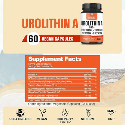 7in1 Urolithin A Capsules 500mg with NAD+, Resveratrol, Curcumin and Quercetin Supplement for Men Women - 60 Capsules - 30 Days Supply