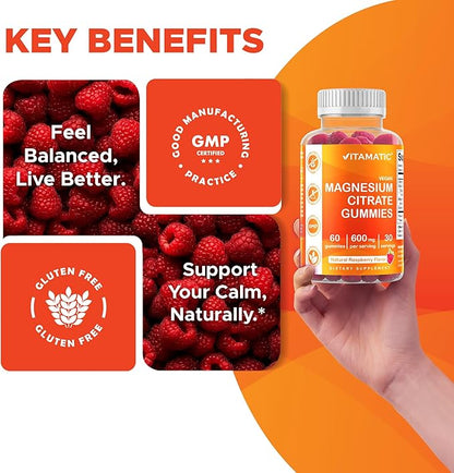 Vitamatic Magnesium Gummies 600mg per Serving – 60 Vegan Count for Relaxation, Muscle, Bone, and Energy Support