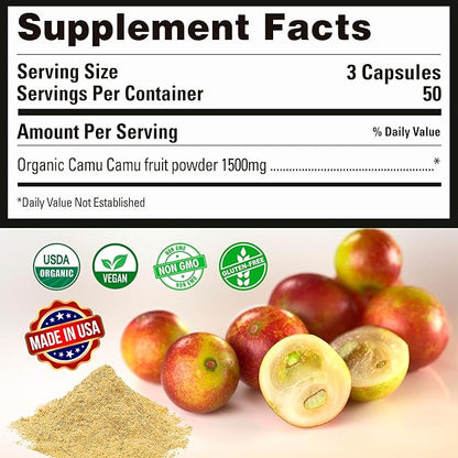 Peruvian Naturals Organic Vitamin C from Camu Camu Capsules 1,500mg - 300 Vegan Pills, Natural Vitamin C from Whole Food Camu Berry Organic, Non-GMO