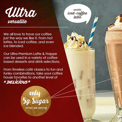 The Frozen Bean - Mocha Frappe & Latte Instant Mix with Arabica Coffee, Double Caffiene, Low Sugar - for Hot, Iced, or Frappuccino-Style Blended Drinks - (20) 0.53oz Single Serve
