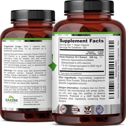 Zazzee Extra Strength Horse Chestnut 10:1 Extract, 3000 mg Strength, 20% Aescins, 4 Month Supply, 120 Vegan Capsules, Concentrated and Standardized 10X Extract, All-Natural, Non-GMO, Made in The USA